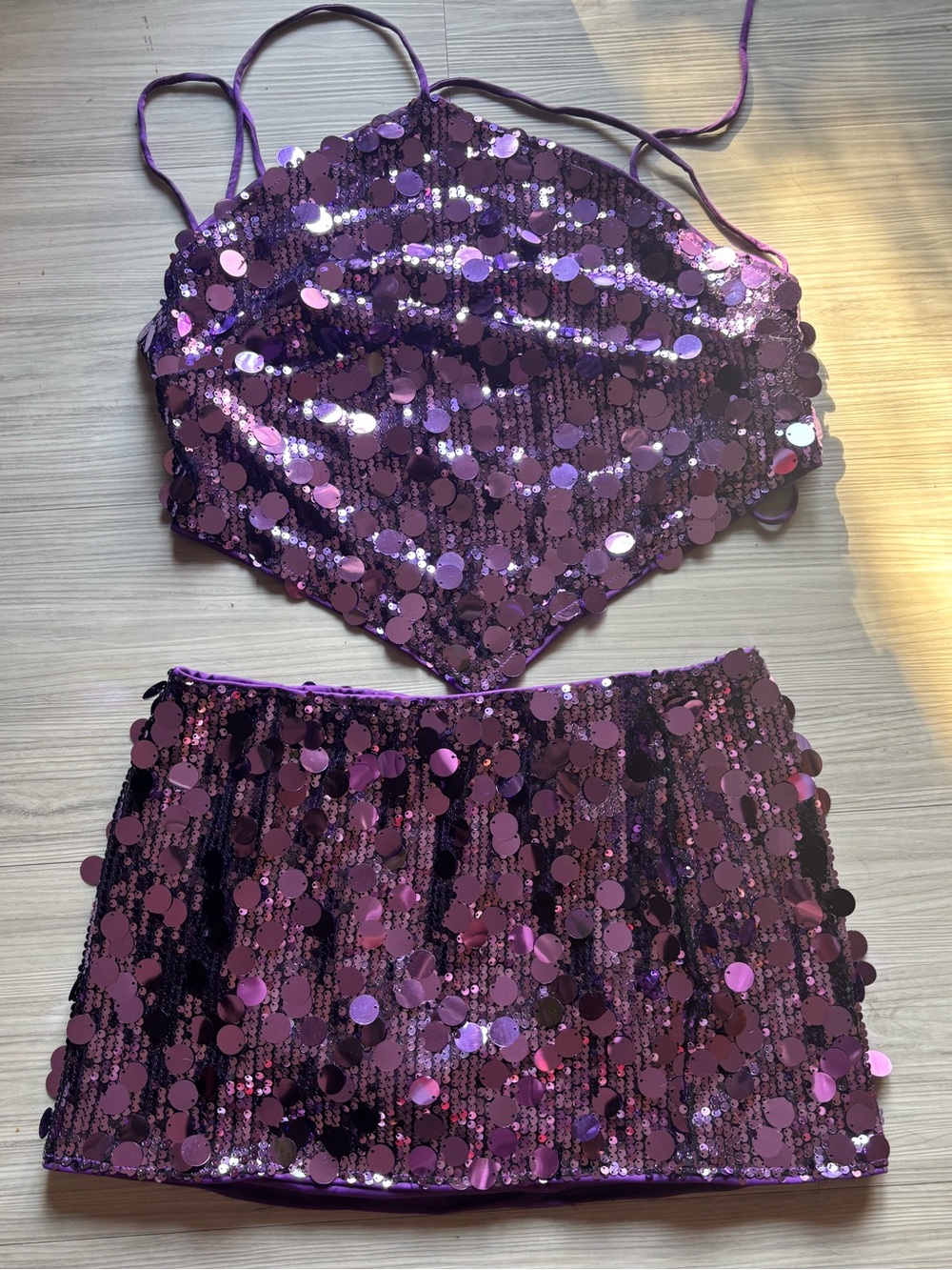 Purple Sequin Mini Skirt Halter Top Set